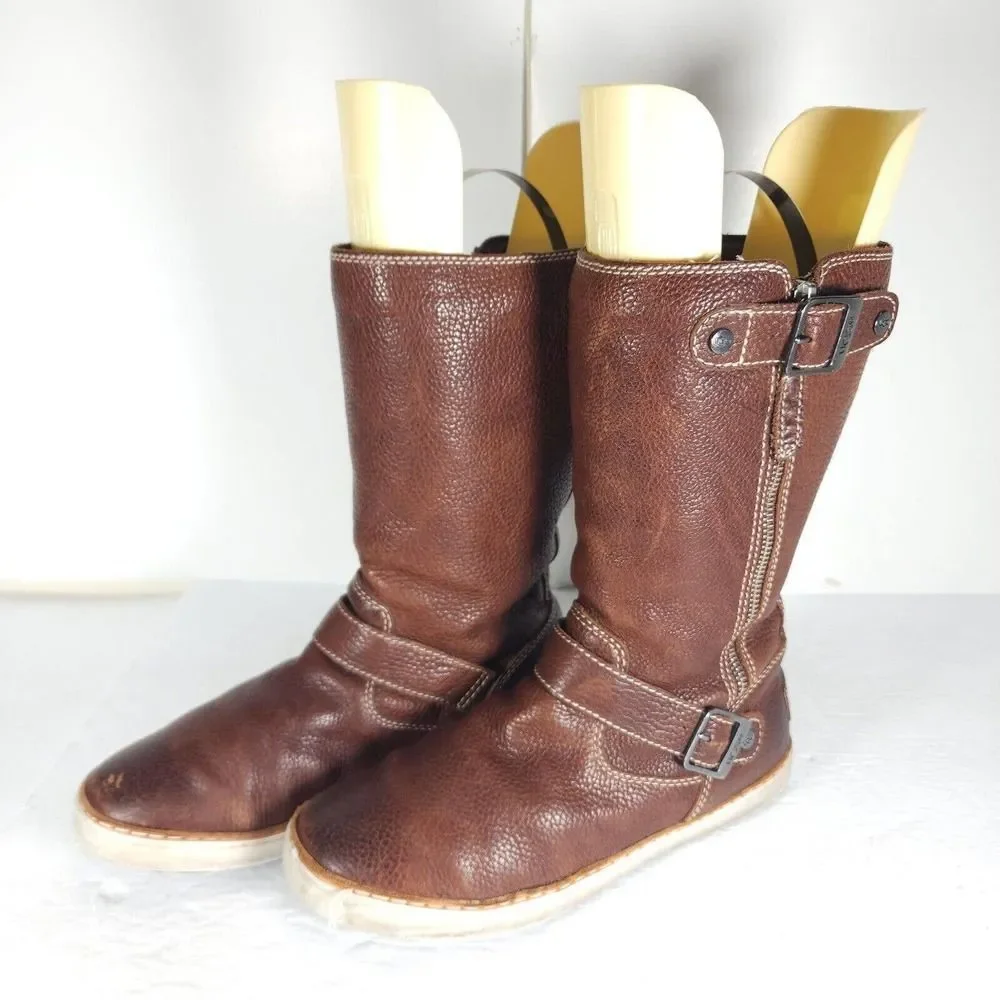 Ugg Australia Women's Andra US8,5 Brown Leather Side Zip Buckle Mid Calf Boots